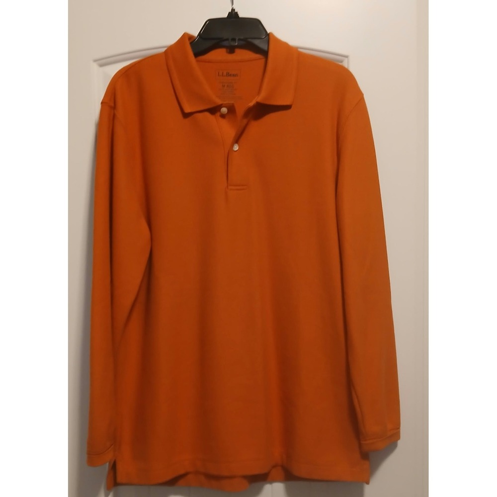 LL Bean Mens Long Sleeve Polo Shirt Orange Cotton Traditional Fit Medium 300459